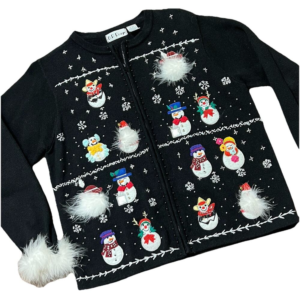 Vtg Christmas BP Design Black Zip Snowman Snowflake Fur Sweater Cardigan L
